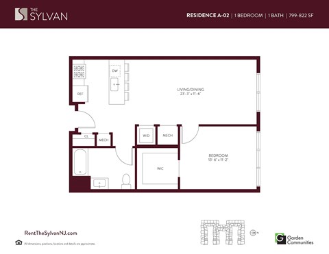 Floor plan for 1 bed, 1 bath, 799 sqft